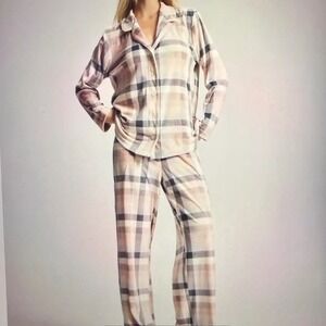 SOMA Microfleece PJ Set Notch Neck Jogger Pants Prism‎ Plaid Grey L New W/ Tags